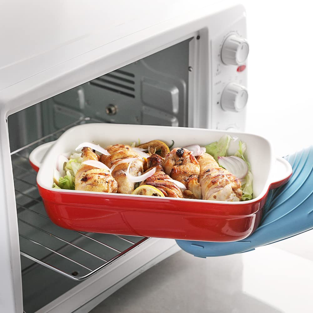 Sweejar Plato de cerámica para hornear, sartén antiadherente con asas, bandeja rectangular para lasaña para cocinar, cocina, cena, banquete y uso diario, 13 x 9 pulgadas, juego de 3 (rojo)