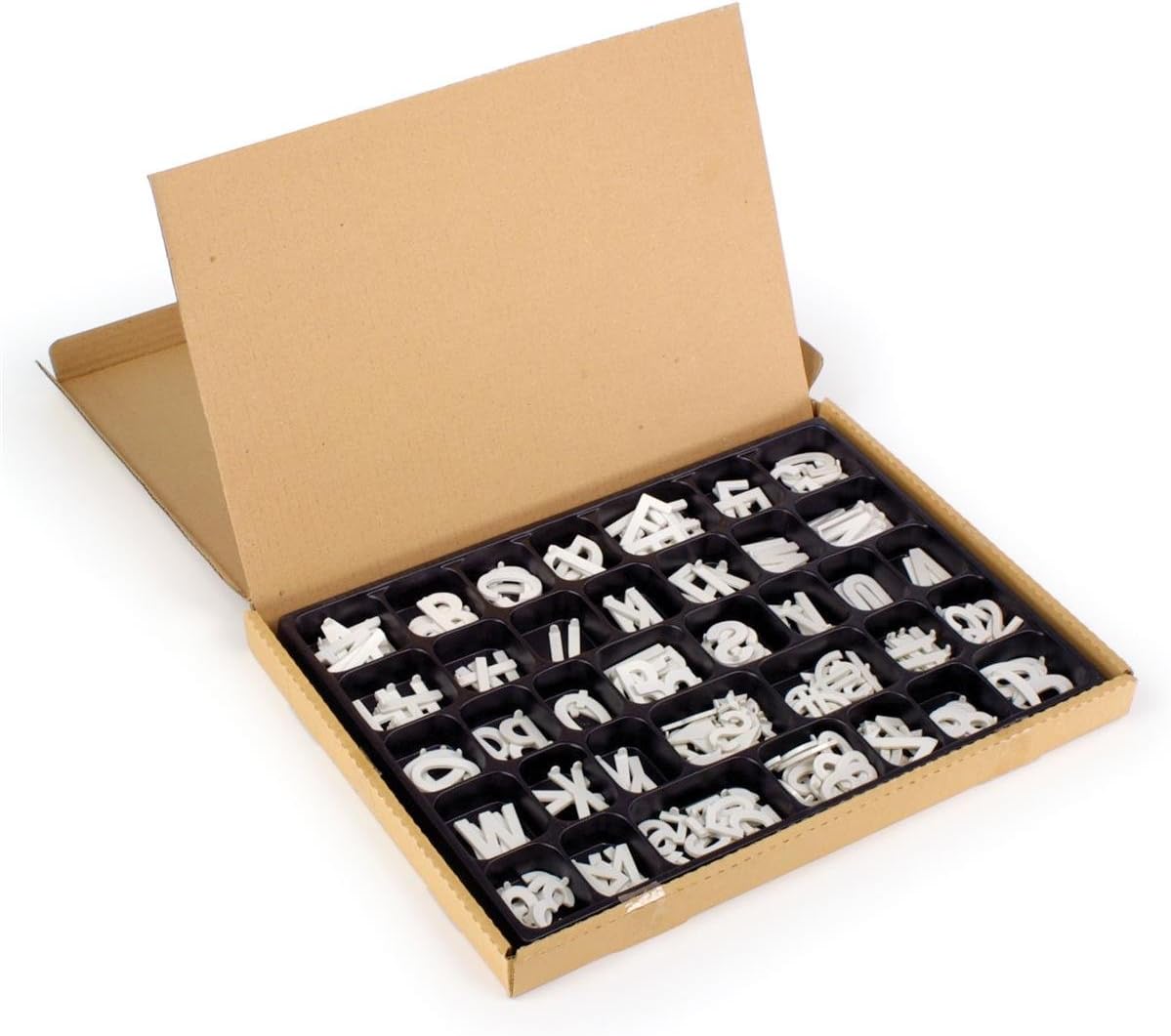Letter Set 1-1/2” High White Plastic Character Kit – Changeable Message Board Accessory Includes a Corrugated Box with Molded Tray