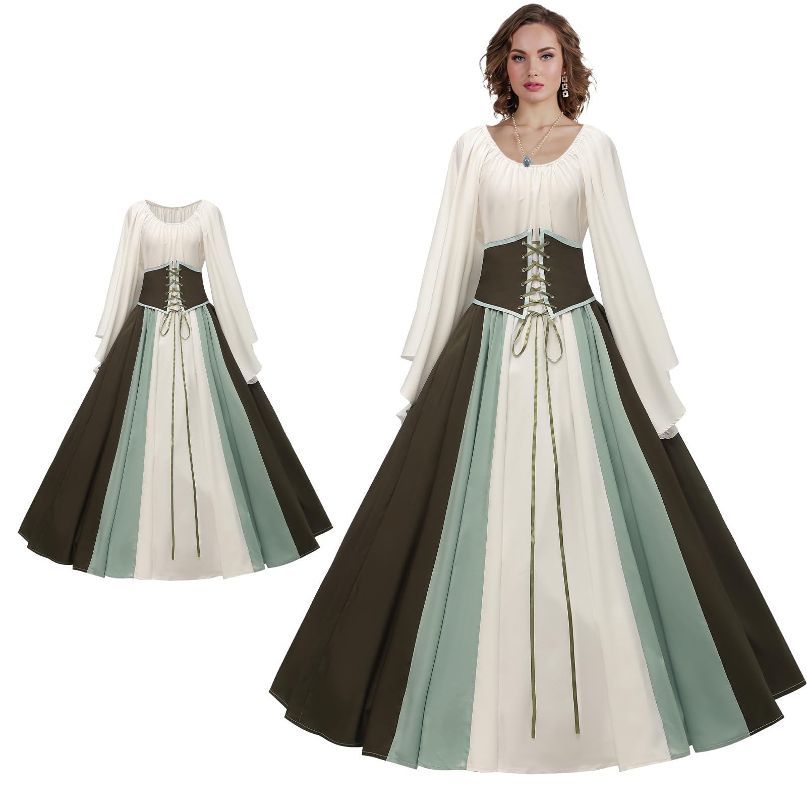 Vestido Medieval Mujer-Verde Vestido Medieval Estilo Gótico Retro Vestido Medieval Renacentista con Mangas Acampanadas para Mujer