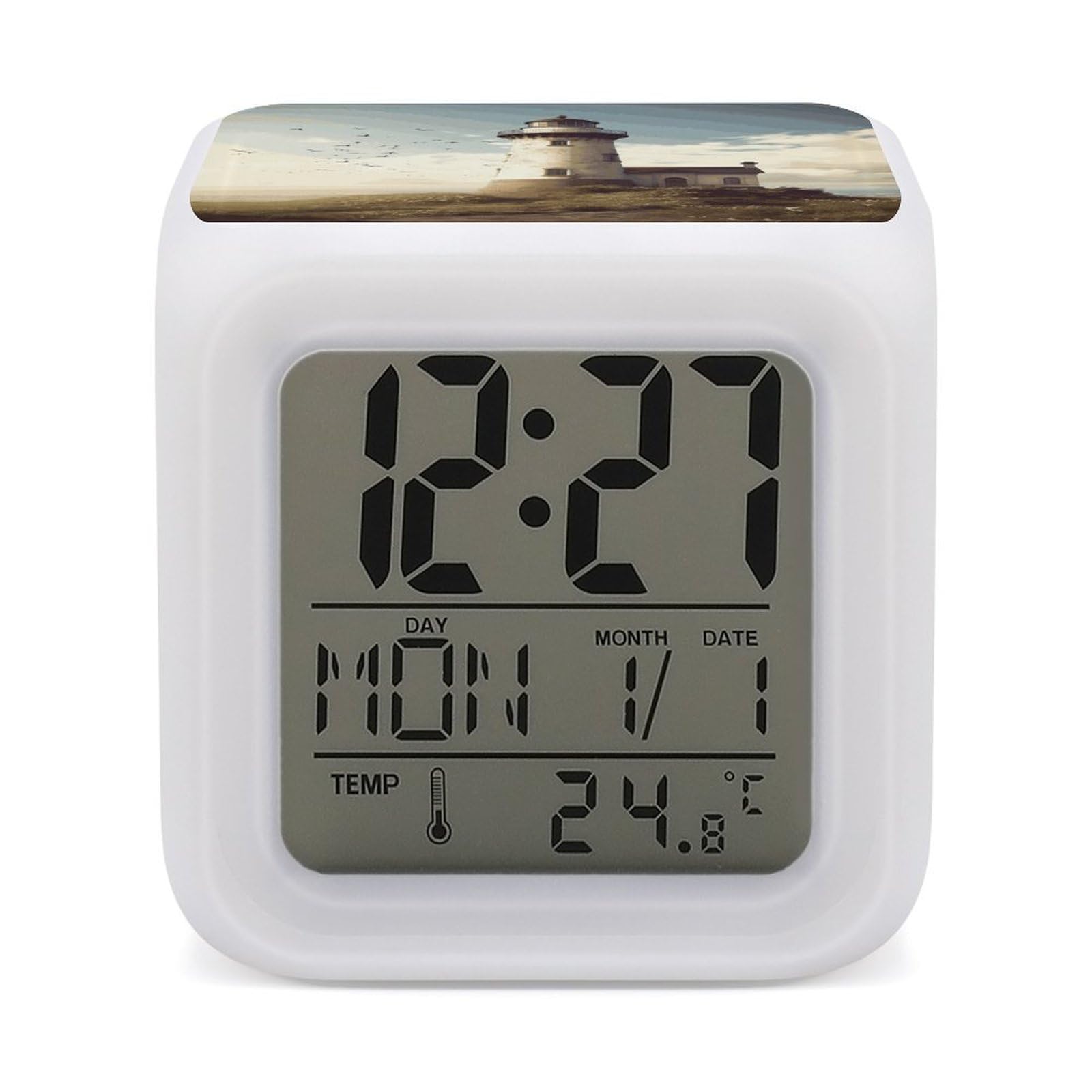 LZQPOEAS Old Lighthouse Alarm Clock Desk Clock with 7 Color Changing Night Light Digital Clocks with Temperature Display Sleep Training and Sound Machine for Heavy Sleeper
