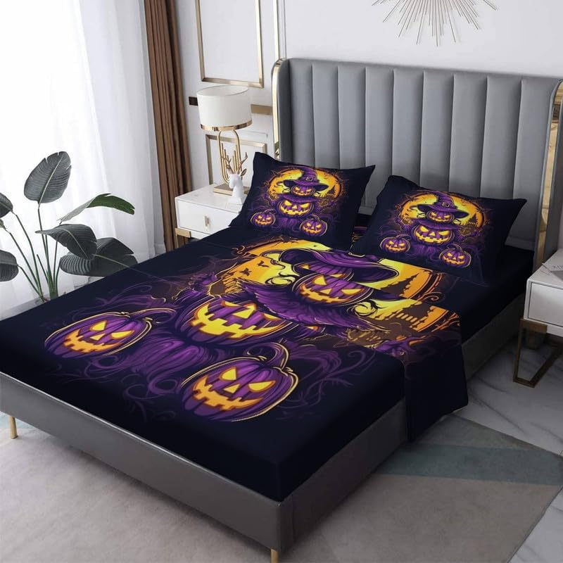 Juego de sábanas California King  Sábanas de Halloween para niños y niñas, juego de sábanas espeluznantes de calabaza, microfibra suave y bolsillo