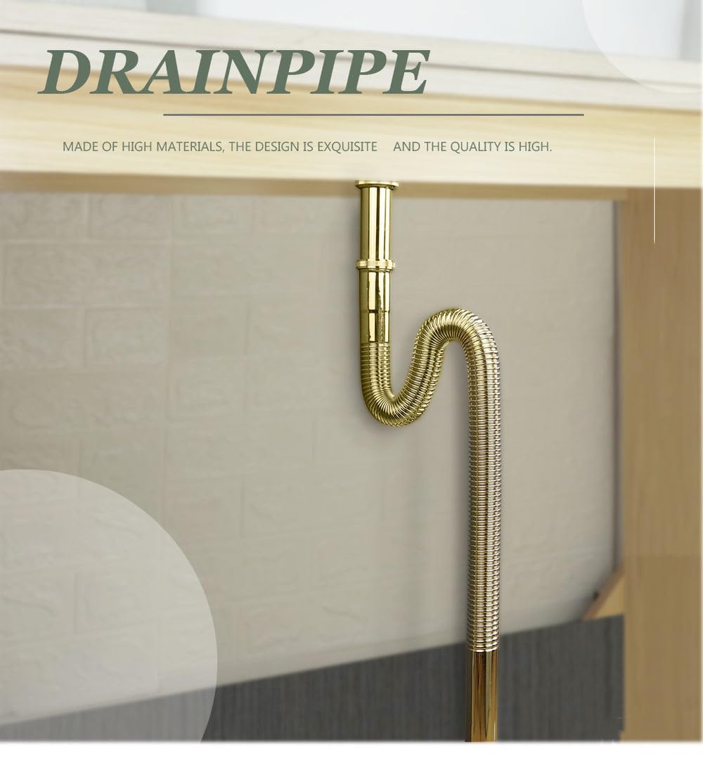 Robinetterie de Cuisine et Salle de Bain Durable, plomberie, Tuyau d'évier chromé, bonde escamotable avec ou sans Trou de trop-Plein, Tuyau d'évacuation doré Uniquement