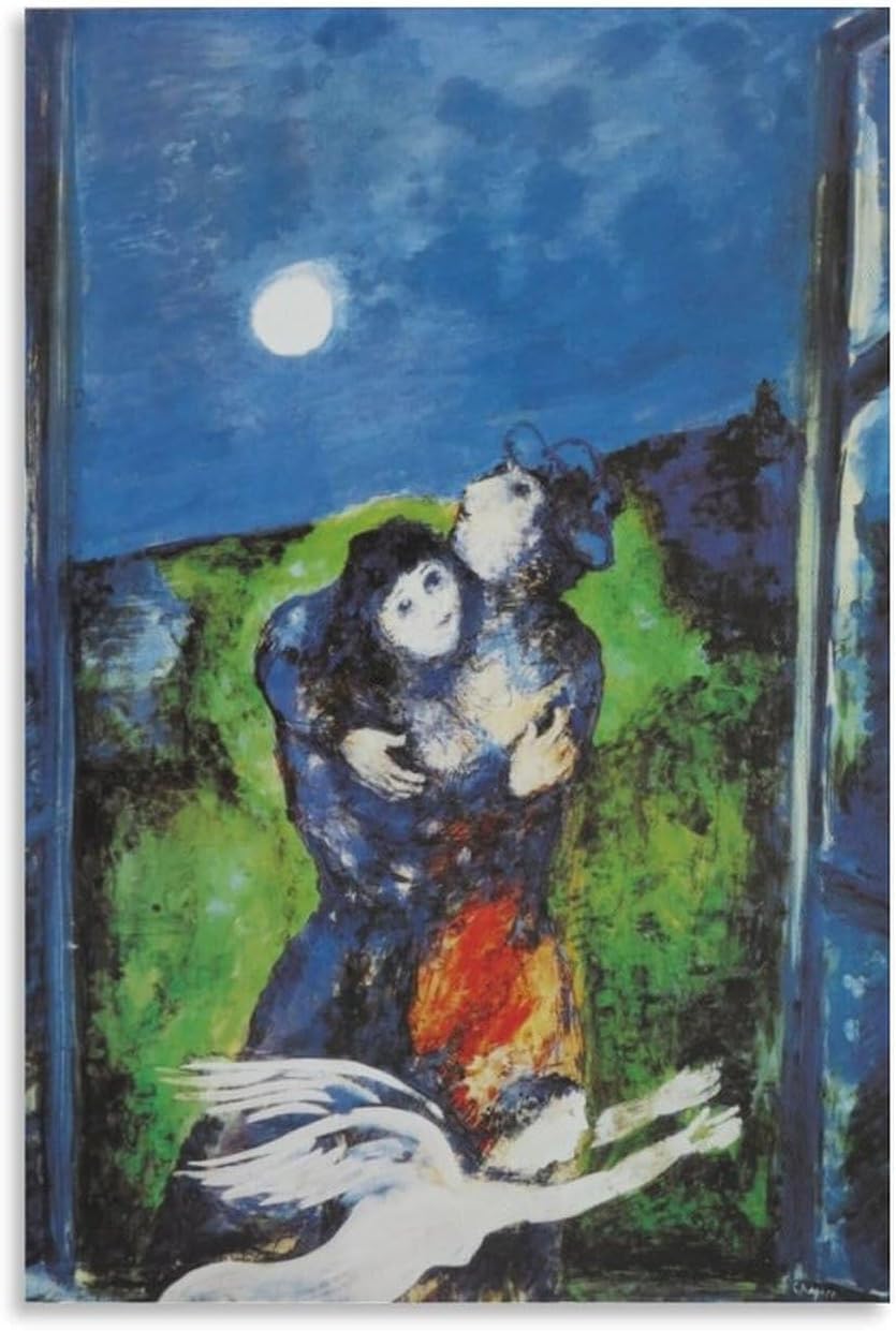 Orjdjz Wxkbl Marc Chagall Prints《A Lover in The Moonlight》Canvas Wall Art Marc Chagall Poster Retro Painting for Bathroom Wall Decor Picture 40x60cm Frameless