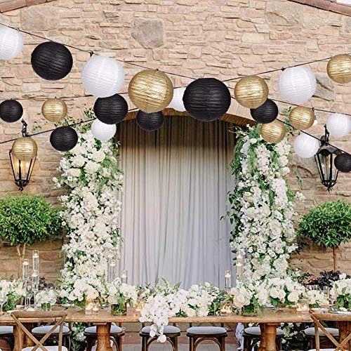 Image of Paper Lanterns Decorative, Party Supplies for Wedding Graduation Anniversary Birthday Party Decorations Black /Gold /White 15pcs