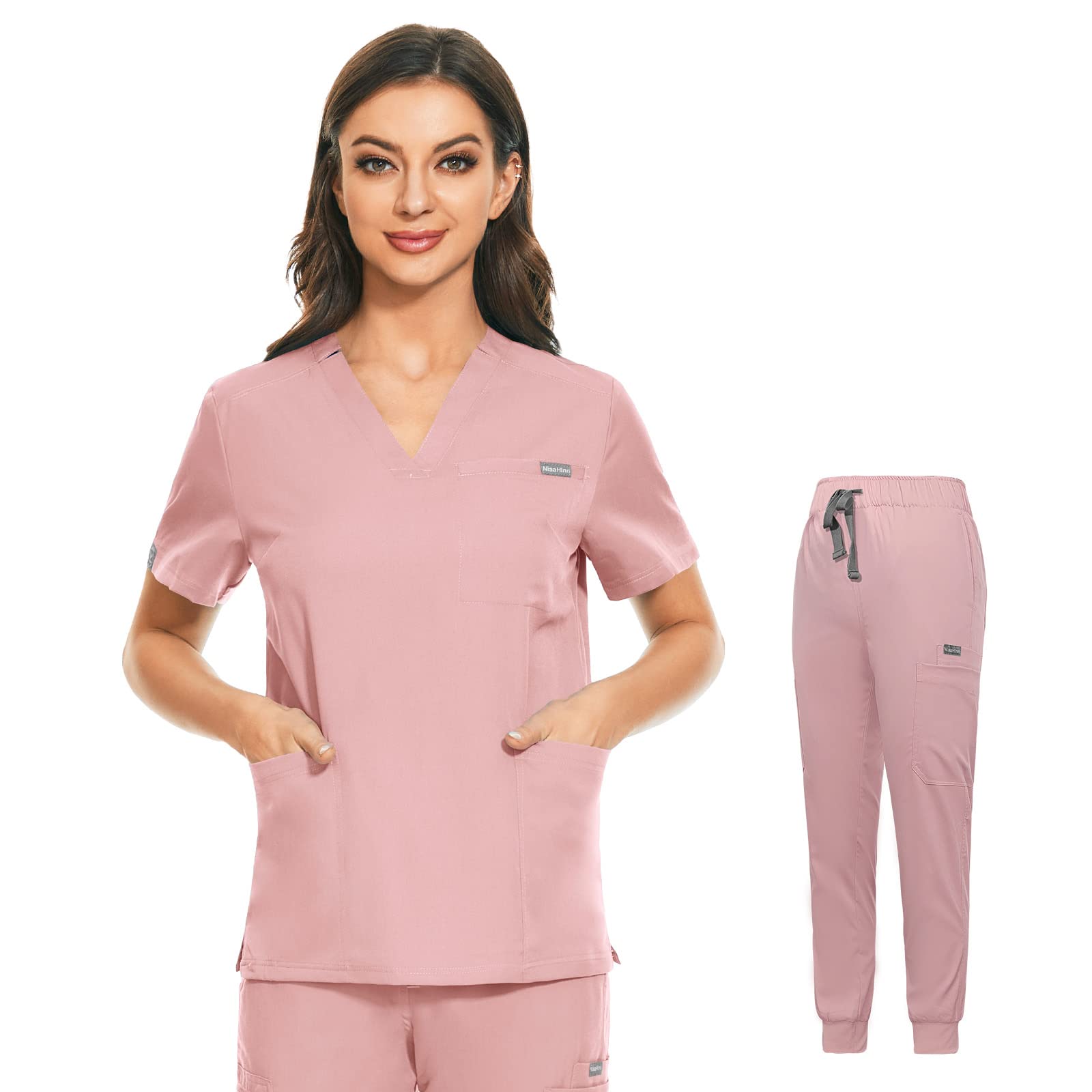 VIAOLI Women's Scrub Suit Set Modern V-neck Top and Drawstring Jogger Pants Nursing Uniforms 10 Pocket Athletic Workwear (Pink,M,Medium)