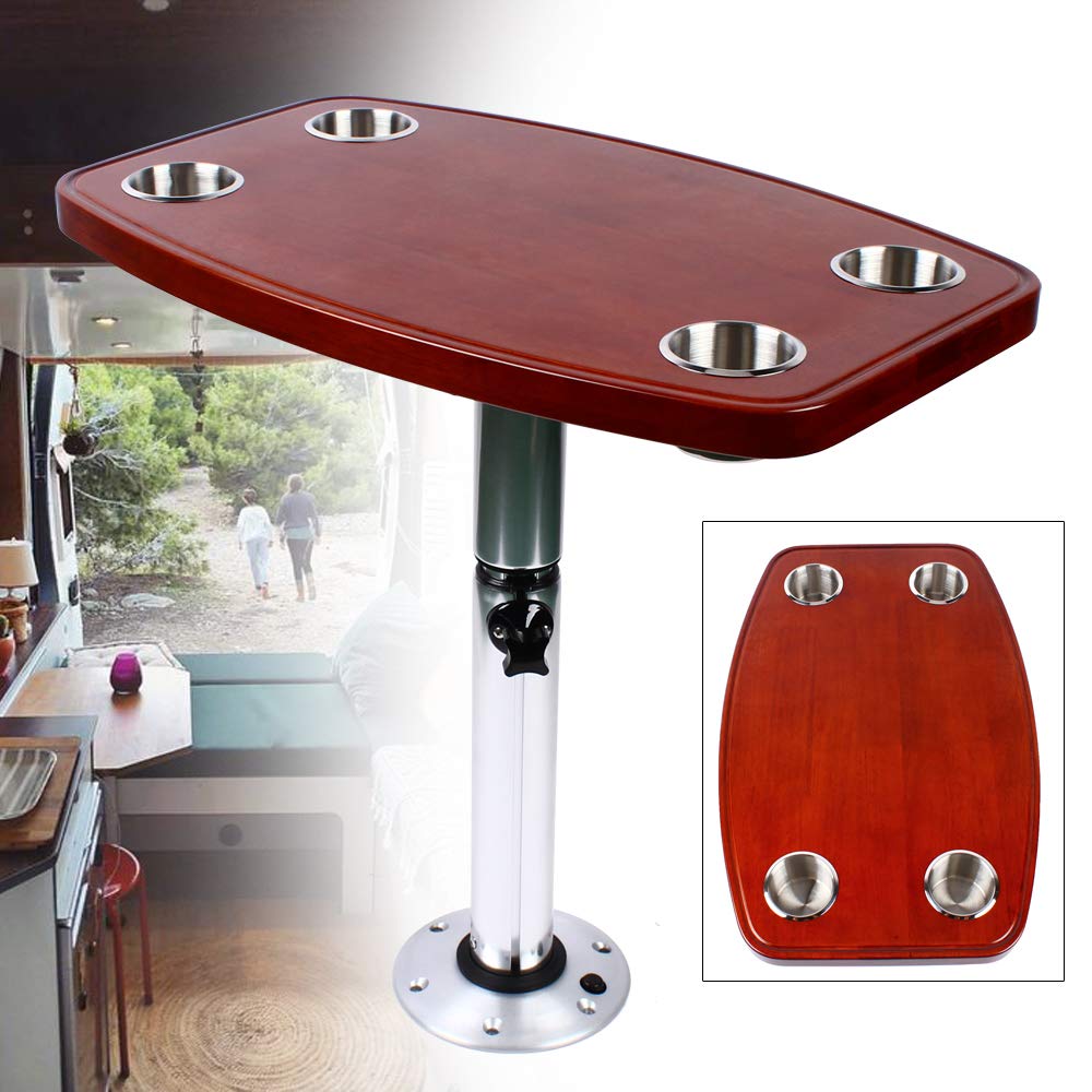 Tavolo da barca con 4 portabevande, piano in legno di rovere, 7 altezze regolabili, per roulotte, camper, barca marina, yacht
