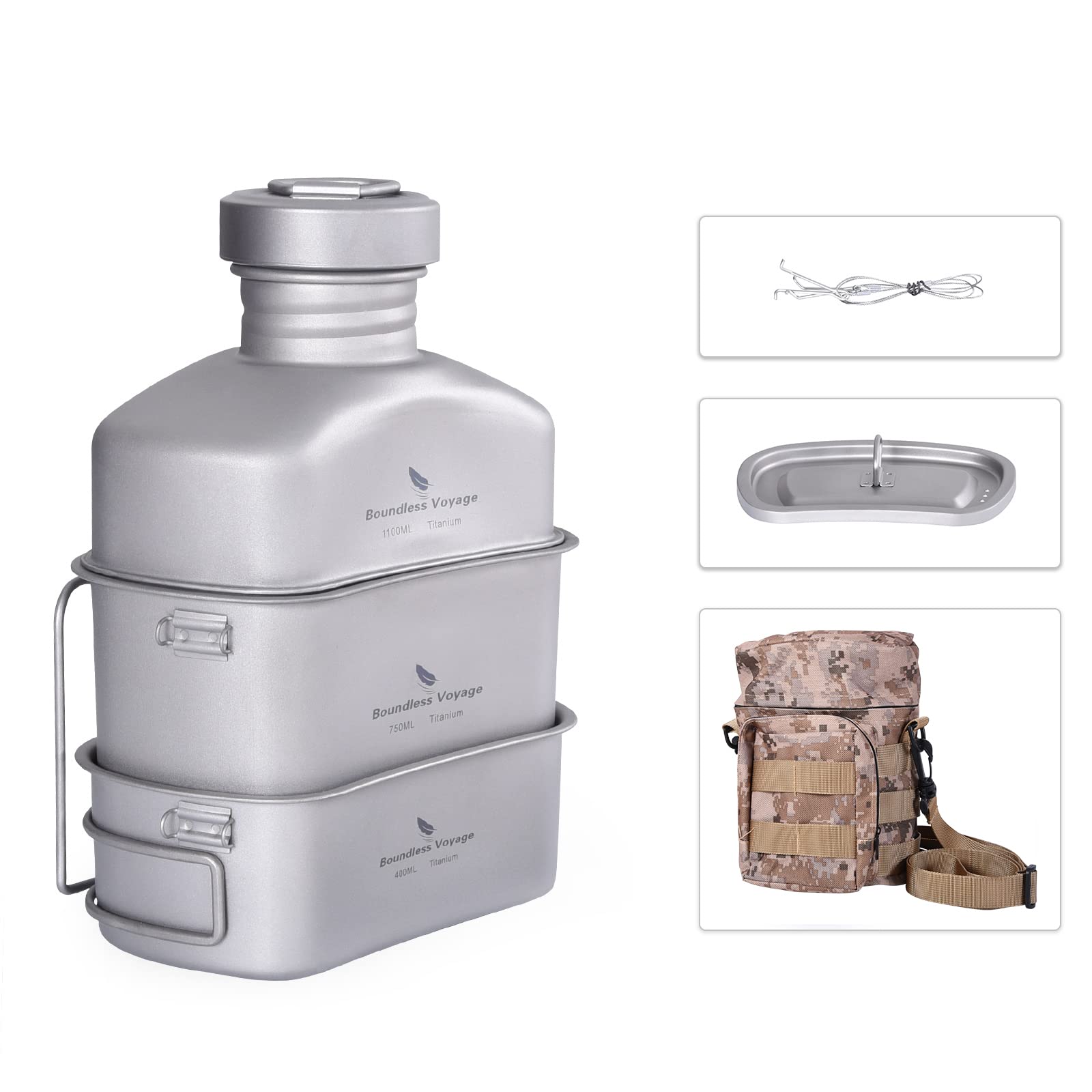 iBasingo Titan Feldflasche Set Leichtestes Militär Kochgeschirr 1100ml Trinkflasche 750ml & 400ml Topf mit Deckel, Aufgehängtes Stahlseil & Tarnbeutel Kochgeschirr für Outdoor Camping Wandern Ti2049C