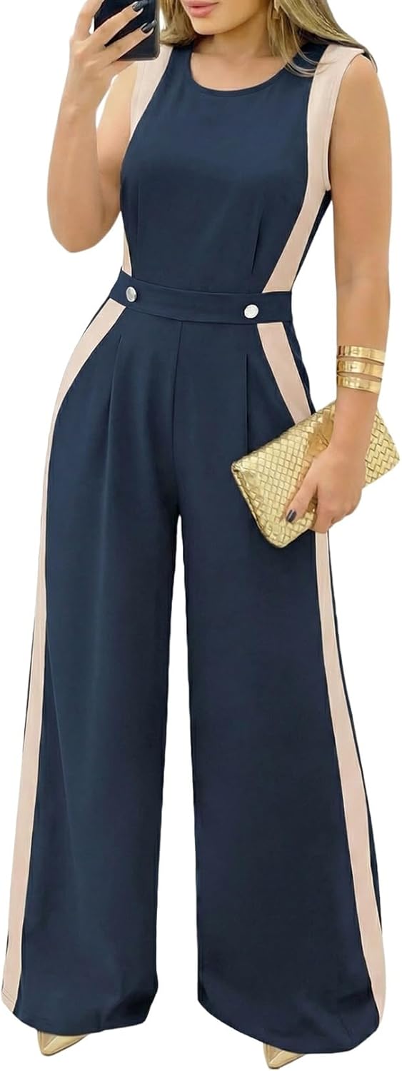 Pink Queen Jumpsuits for Women Dressy Colorblock Sleeveless Wide Leg Rompers Summer Party Elegant Outfits