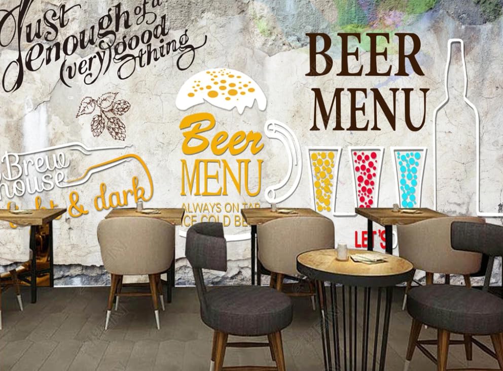 Papier peint intissé effet ciment industriel avec motif poulet frit et bière, 250x175 cm