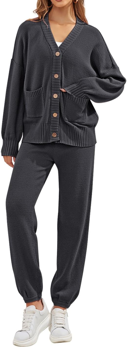 ETCYY NEW Women's 2 Piece Outfit Lounge Set Trendy Cardigan Sweater Pants Sets V Neck Button Pocket Knit Matching Loungewear
