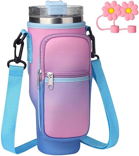Miniatura 1 de Bolsa para botella de agua con bolsillo para teléfono Stanley de 40 onzas, soporte para botella de agua con correa de hombro ajustable para caminar,