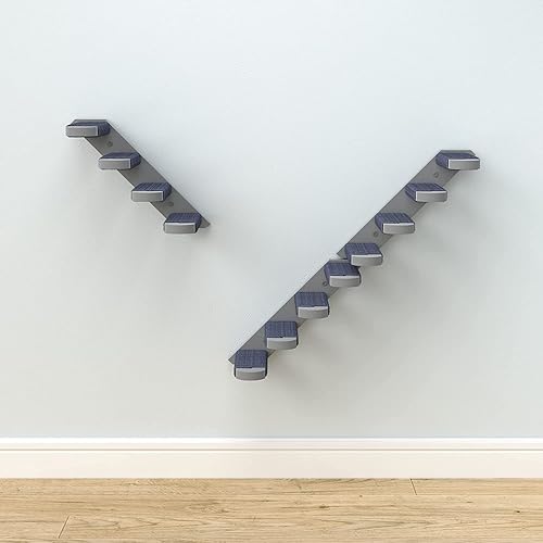 Miniatura 2 de Skywin Cat Steps - Paquete de 3 escaleras de madera de goma maciza de color gris, ideales para arañar y escalar, estantes para gatos montados en la