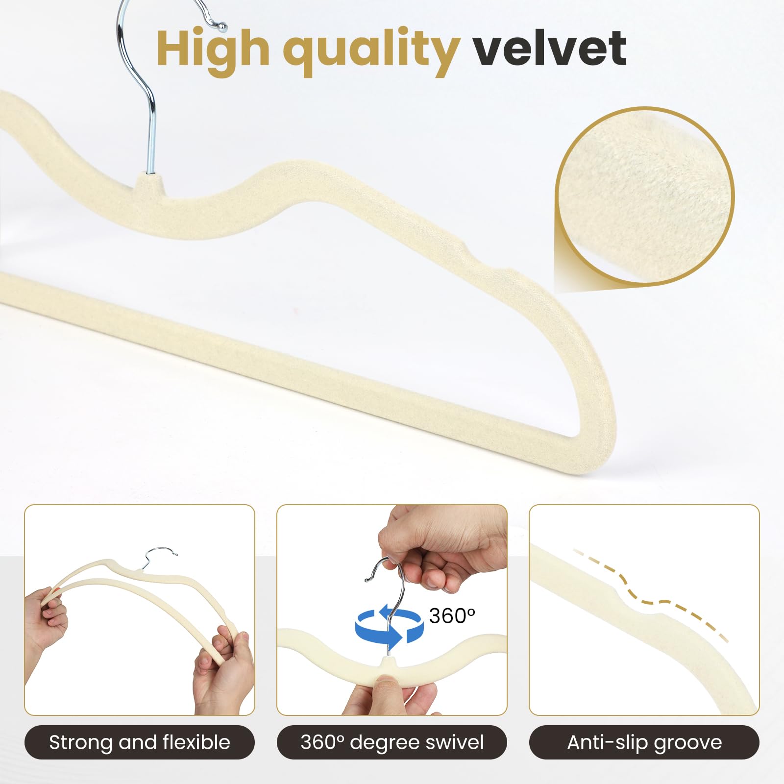 Cintres en velours pour col court – Robustes, surface en feutre antidérapante, design peu encombrant avec rainures antidérapantes et forme d'épaule, crochets rotatifs à 360°, durables pour manteaux