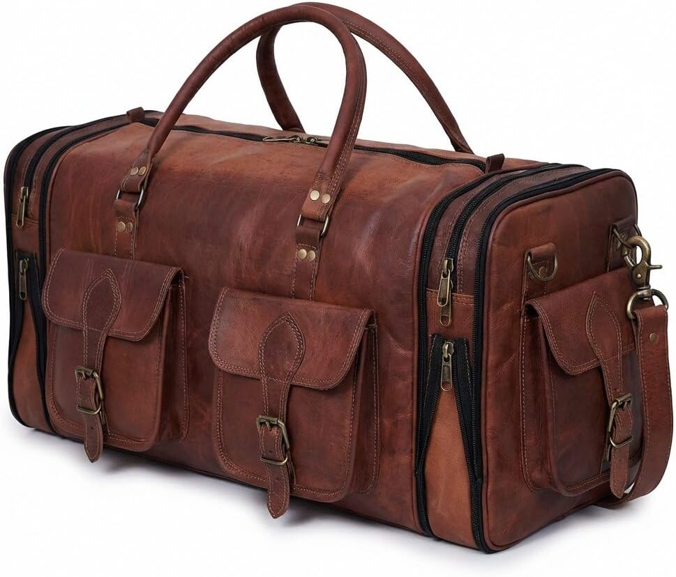 Weekender Leather Duffel Bag Overnight Women Men Girls Boys Vintage Travel Duffle with Shoulder Strap Carry On Sports Gym 20 Inch Handmade Leather Luggage Carryall Cool Gifts for Him by Cureo