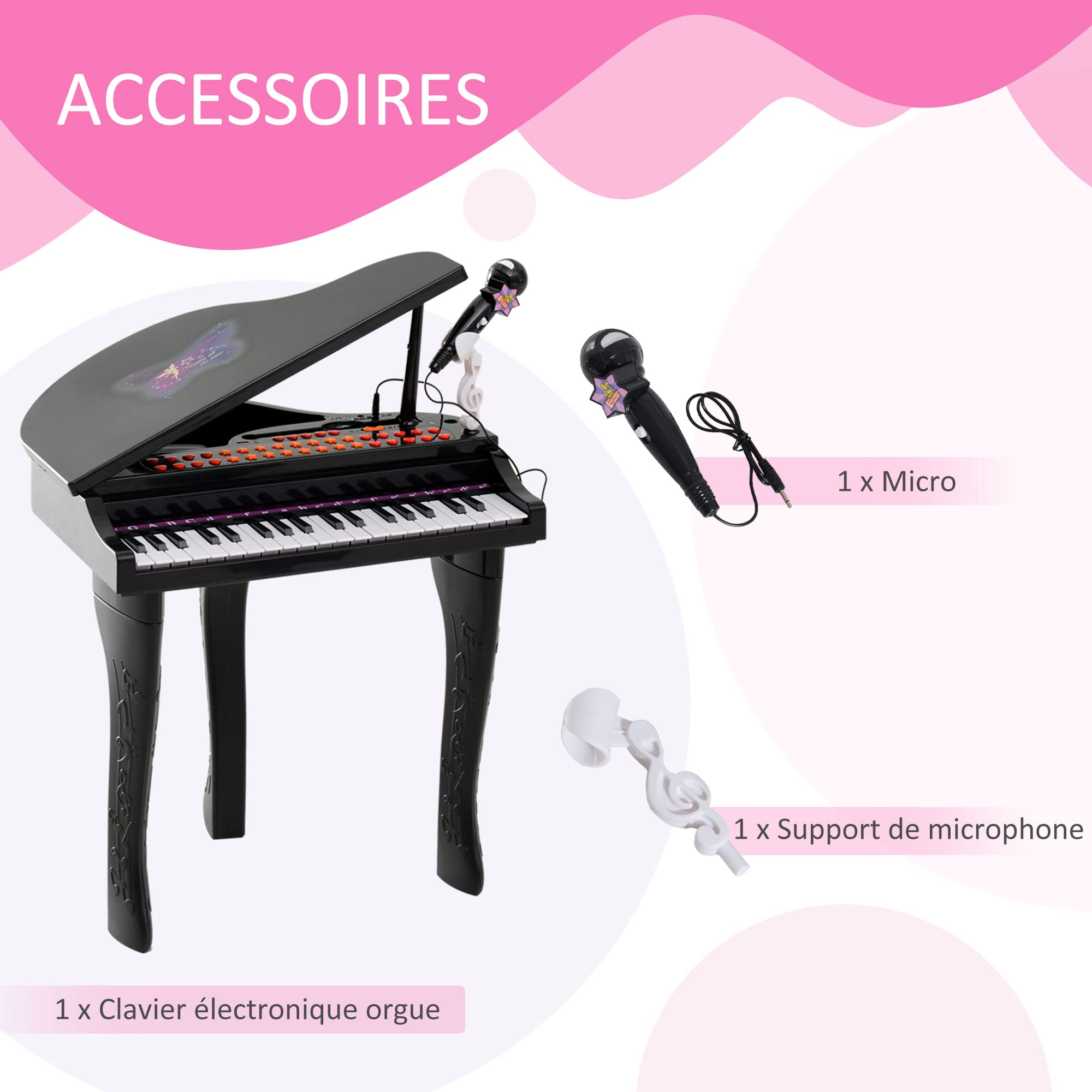 HOMCOM - Piano electrónico de 37 teclas, 3 a 6 años, color negro | Multifunción con micrófono altavoz, luz LED, función de grabación y reproducción, instrumento musical infantil