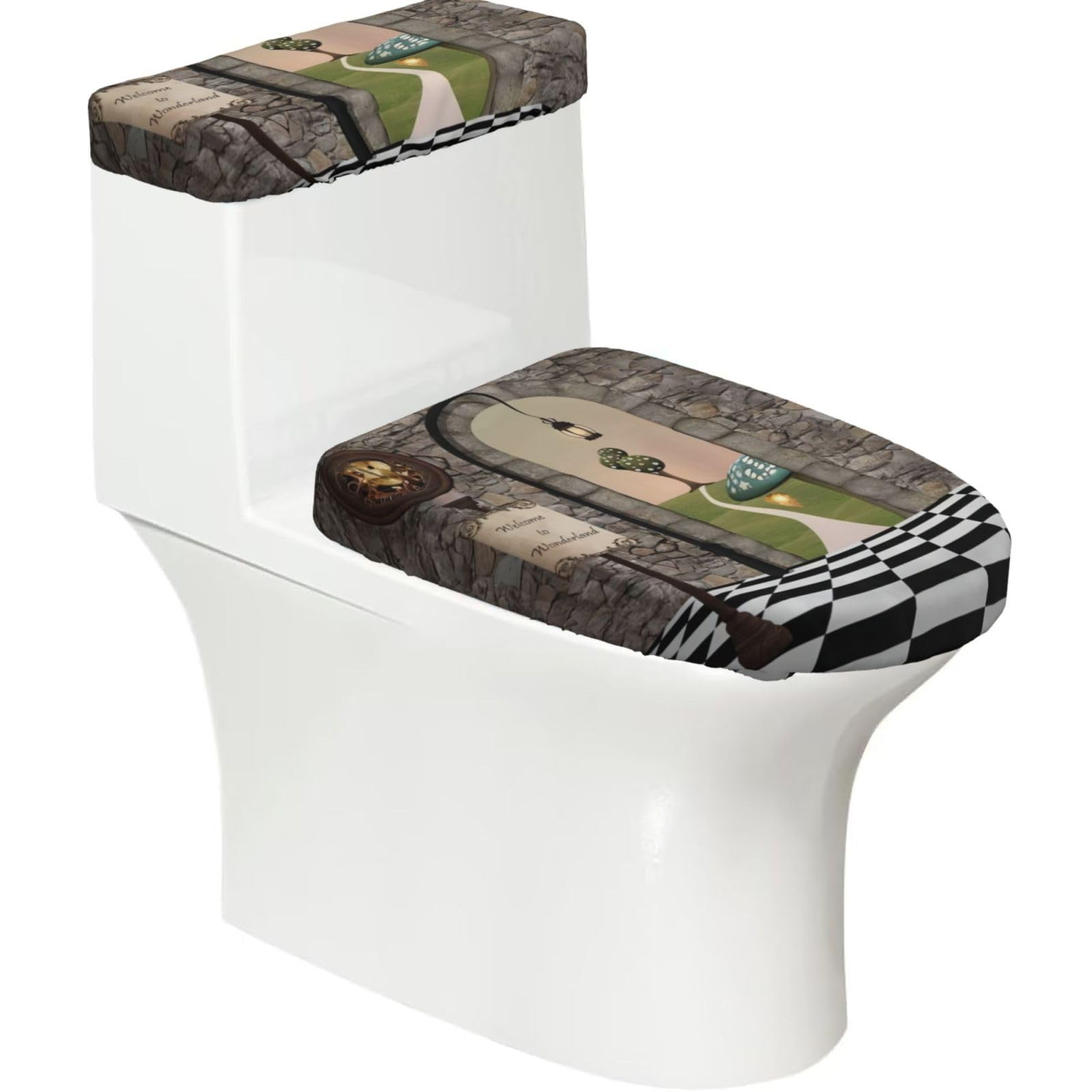 Floor Landscape Mushroom Lantern 2-Piece Toilet Seat Cover Set with Tank Lid - Elastic for U-Shape & Elongated - Bathroom Decor