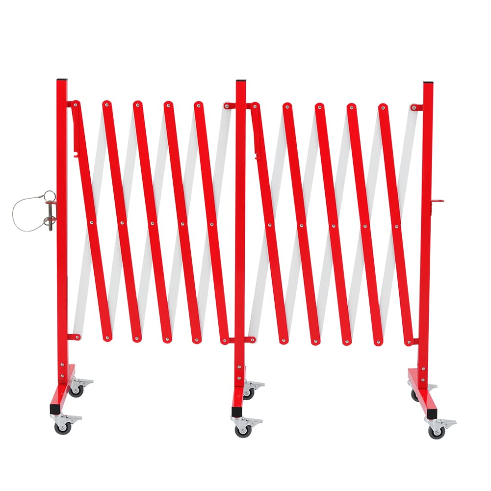 Rejilla de tijera industrial extensible, barricada de metal, cadena de barrera fácil de montar con ruedas, barrera móvil para exteriores, barrera amarilla y negra, 5 metros, rojo y blanco