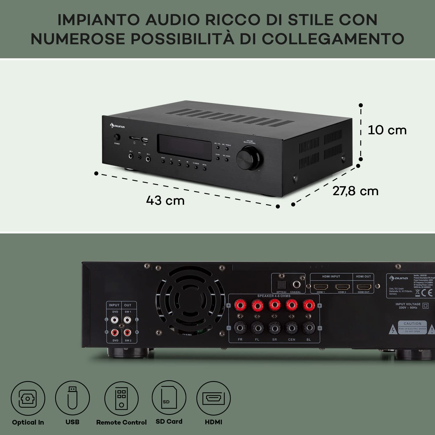 AUNA AMP-H260 5.1 - Amplificatore Receiver Equalizzatore, 2x100 Watt + 3x20 Watt RMS, Bluetooth, Porta USB, Slot SD, Digital-In Ottico & Coassiale, 2 x HDMI-In/1 x HDMI-Out, Nero