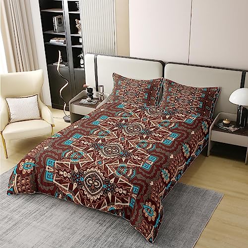 Homewish 100% Washed Cotton Bohemian Style Bedding Set Double,Red Blue Boho Mandala Duvet Cover Set,Soft Retro Comforter Cover,Southwestern Indian Tribal Quilt Cover,Exotic Style Decor Boho Bed Set - Image 2