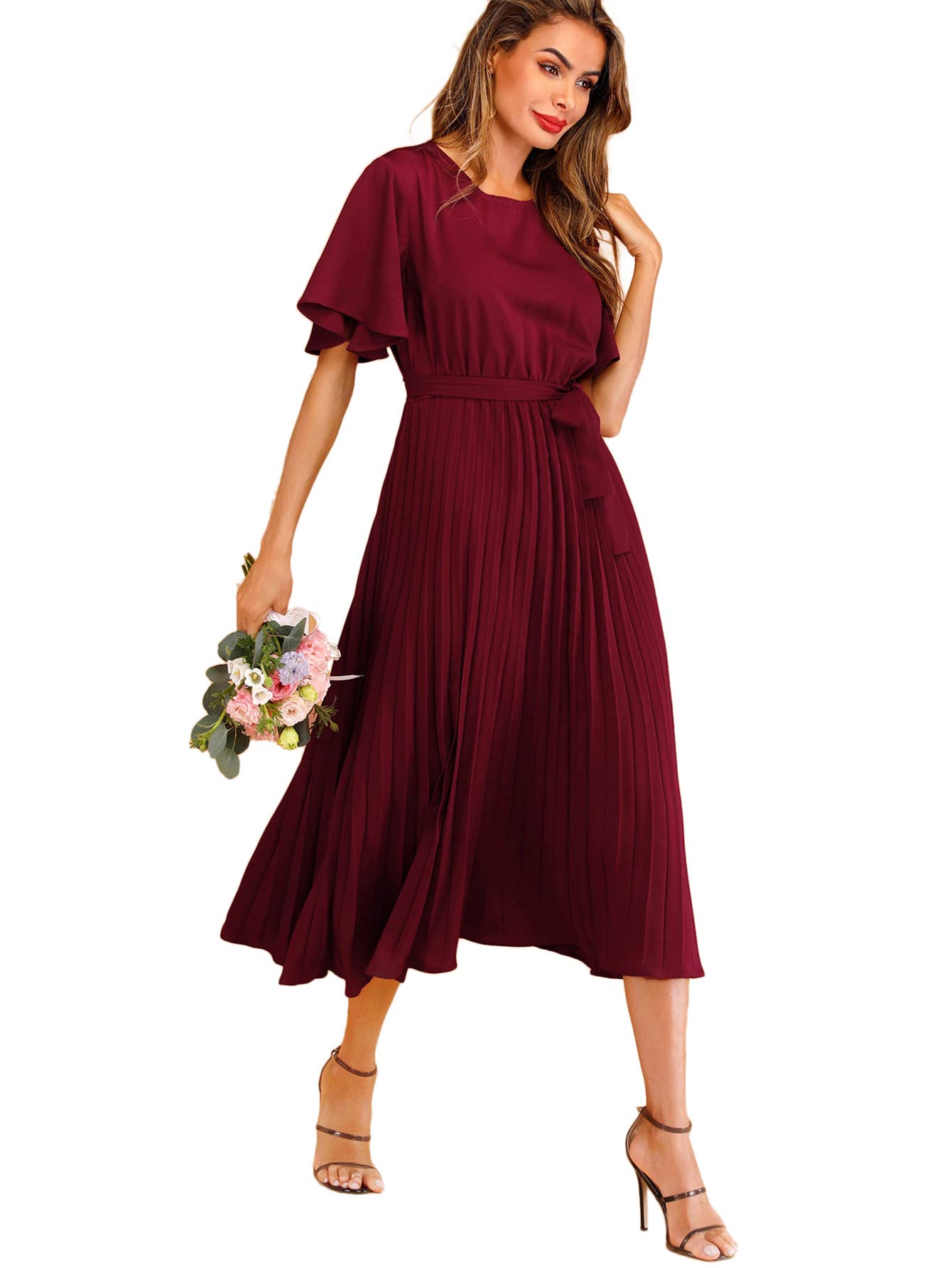 green emerald velvet dress Milumia Women's Elegant Belted Pleated Flounce Sleeve Long Dress Mint Green  Plain Large at Amazon Women's Clothing store