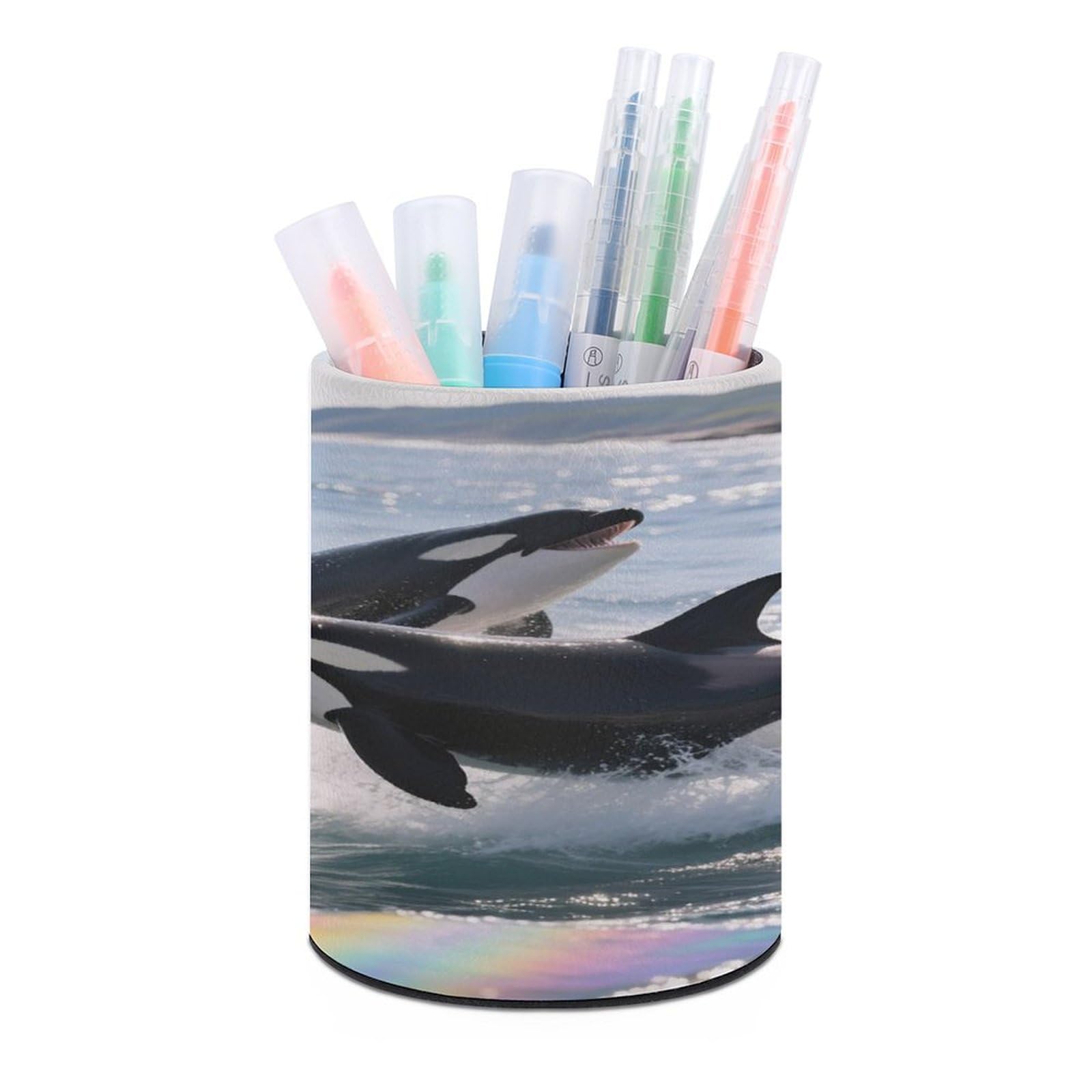 VstaDank Whale Pen Holder Round Pencil Holder Cup Pen Container PU Leather Desk Organizer Stand Decorative Brush Scissor Holder Decoration Office Desk Home (3.1 x 3.9 inch)