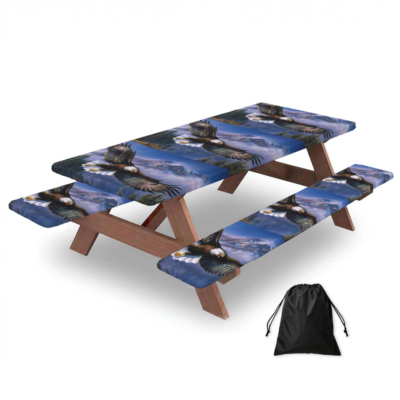 Zyjhyy Black Flying Eagle Print 3 Pack Wipeable Picnic Bench Cover And Table Cover Lightweight Table Cloth For Camping Outdoor