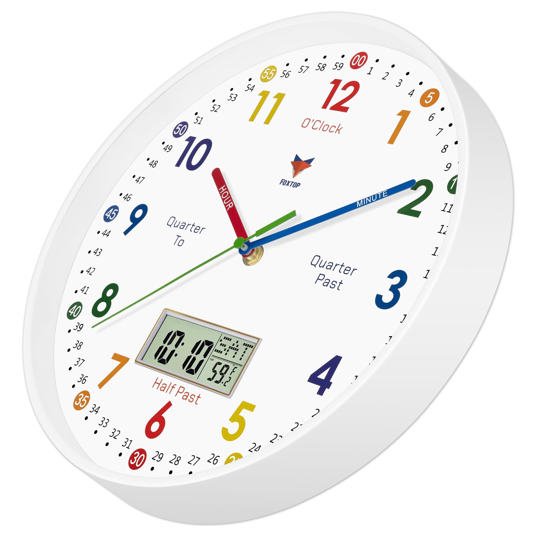 Foxtop Digital and Analog Learning Clock for Kids - Telling Time Teaching Clock 12 Inch Silent Non-Ticking Battery Operated Kids Wall Clock for Kids Room Playroom Nursery Classroom School (White)