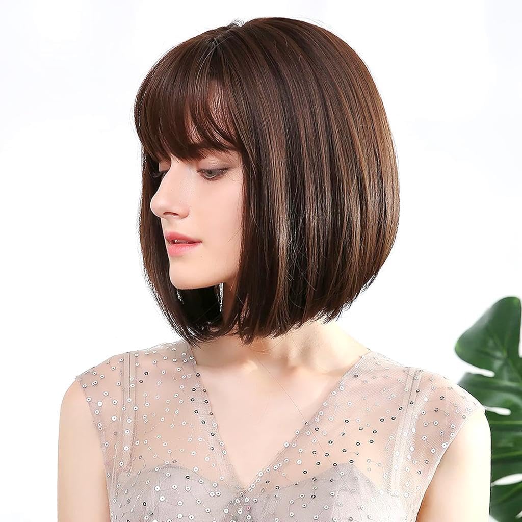 OSEN Natural Soft Short Wavy Wigs for Women with Bangs for Full Head Women and Girl Daily Use (Dark Brown, 14 Inches) 2 wig cap, 1 carry pouch-image-49