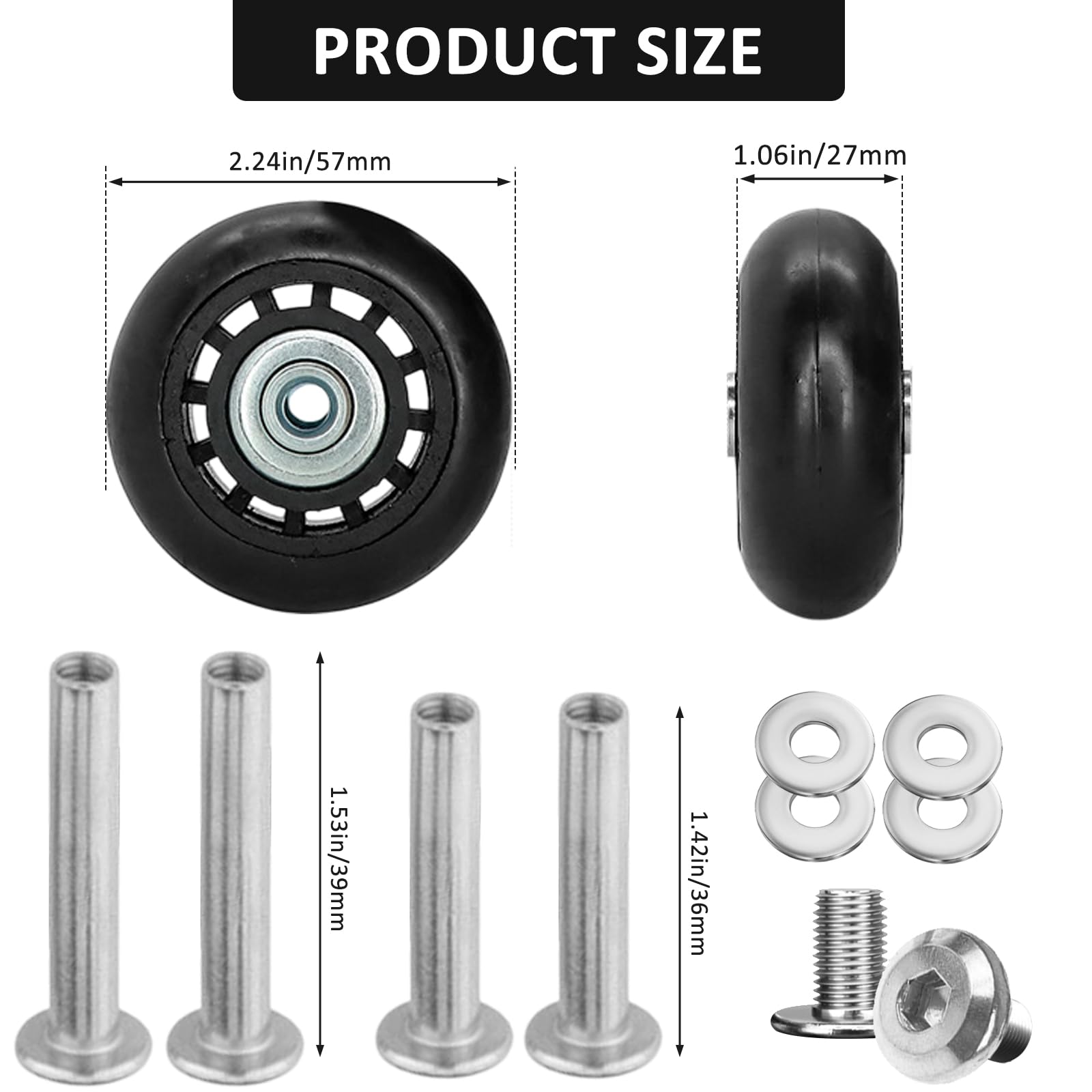 Qigfucm 57 x 27mm Small Luggage Wheels Replacement, 2pcs Universal Smooth Swivel Caster Wheels, Silent Black Rubber Suitcase Trolley Wheels Repair Kit