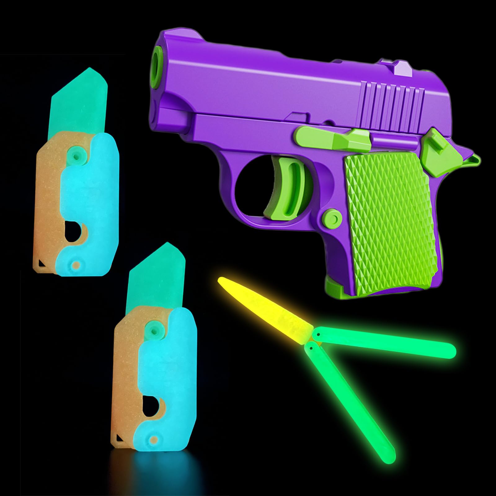 Pack 4 Fidget Toys 3D - Pistolet, Couteaux Phosphorescents Et Couteau Papillon - Soulagement Stress