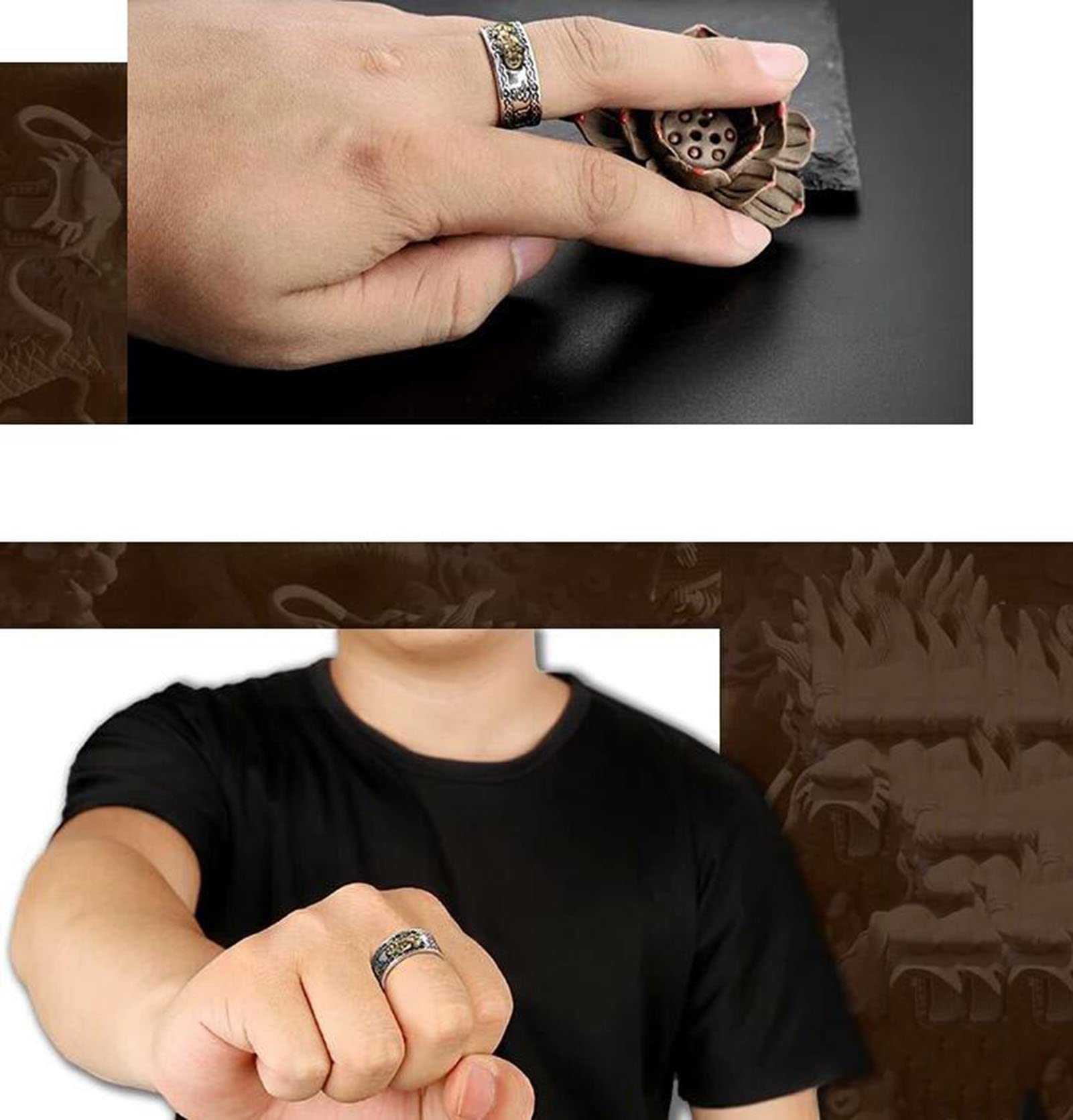 Feng Shui Pixiu Mantra Ring S925 Silver Buddhist Good Luck Amulet Mantra Double Protection Wealth Love Health Ring Gift for Men Women Adjustable,012