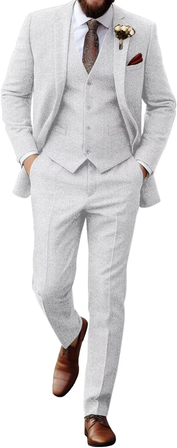 Aowdoy Retro Tweed Herringbone Suit for Men Slim Fit 3 Pieces Mens Suit Groom Dress Tuxedos Prom Suit Jacket Vest Pants