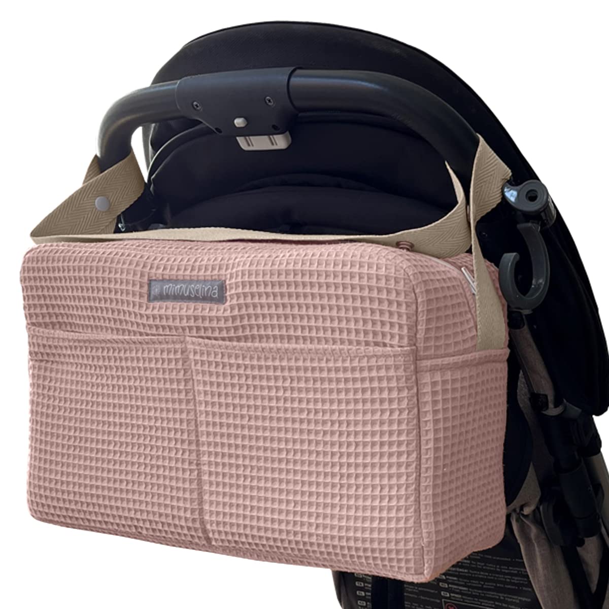MIMUSELINA | Bolso Carro Bebé Bolso Organizador de Gran Capacidad | con + 7 Compartimentos | Regulable al Manillar del Carro | Maleta de Hospital o Mochila para el Carrito | Waffle Rosa