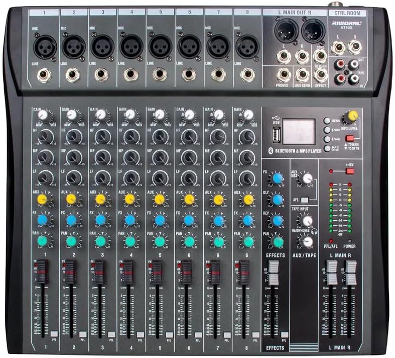 Interfaz de audio de 8 canales, mezclador DJ, tablero de sonido, mezclador USB, audio +48 V, Phantom, Bluetooth, reproductor MP3, mezclador de audio