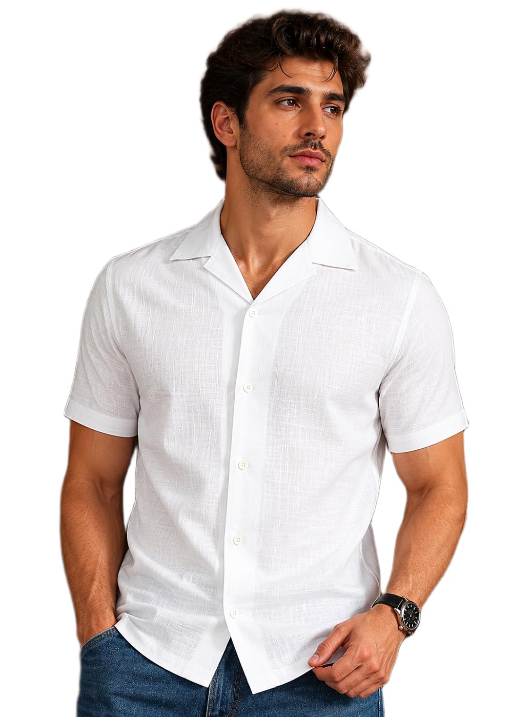 Men White Solid Pure Linen Cuban Collar Casual Half Sleeve Shirt - Cotton Fabric, Regular Fit Cuban Collar, Short Sleeves Casual Shirt for Men, White Solid, S-XXL-image-14
