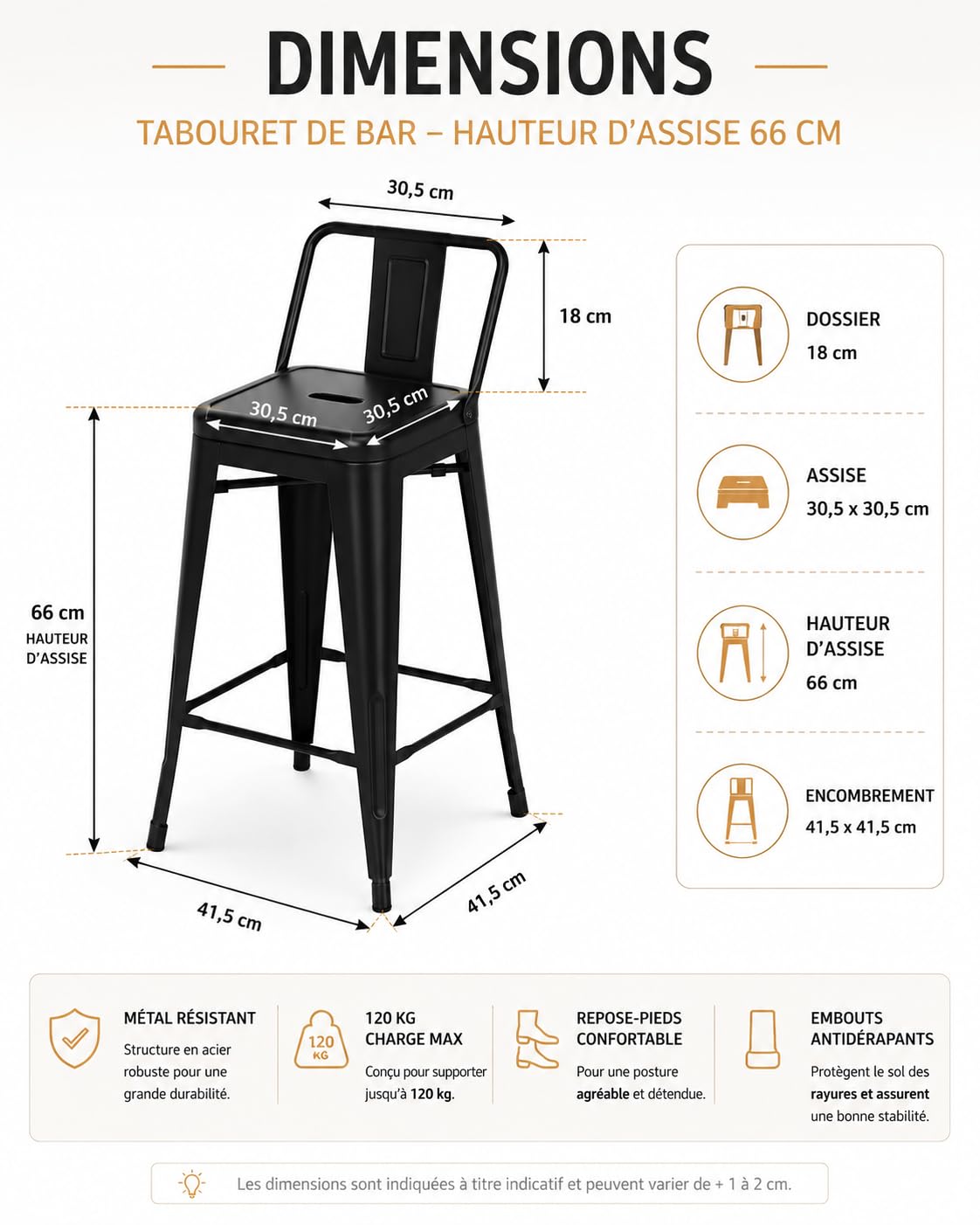 Kosmi Lot de 4 Tabourets de Bar Industriels Métal Noir – Hauteur d'Assise 66 cm – avec Dossier Amovible – Empilables sans Dossier – Repose-Pieds – pour Îlot Central, Cuisine, Bar, Restaurant
