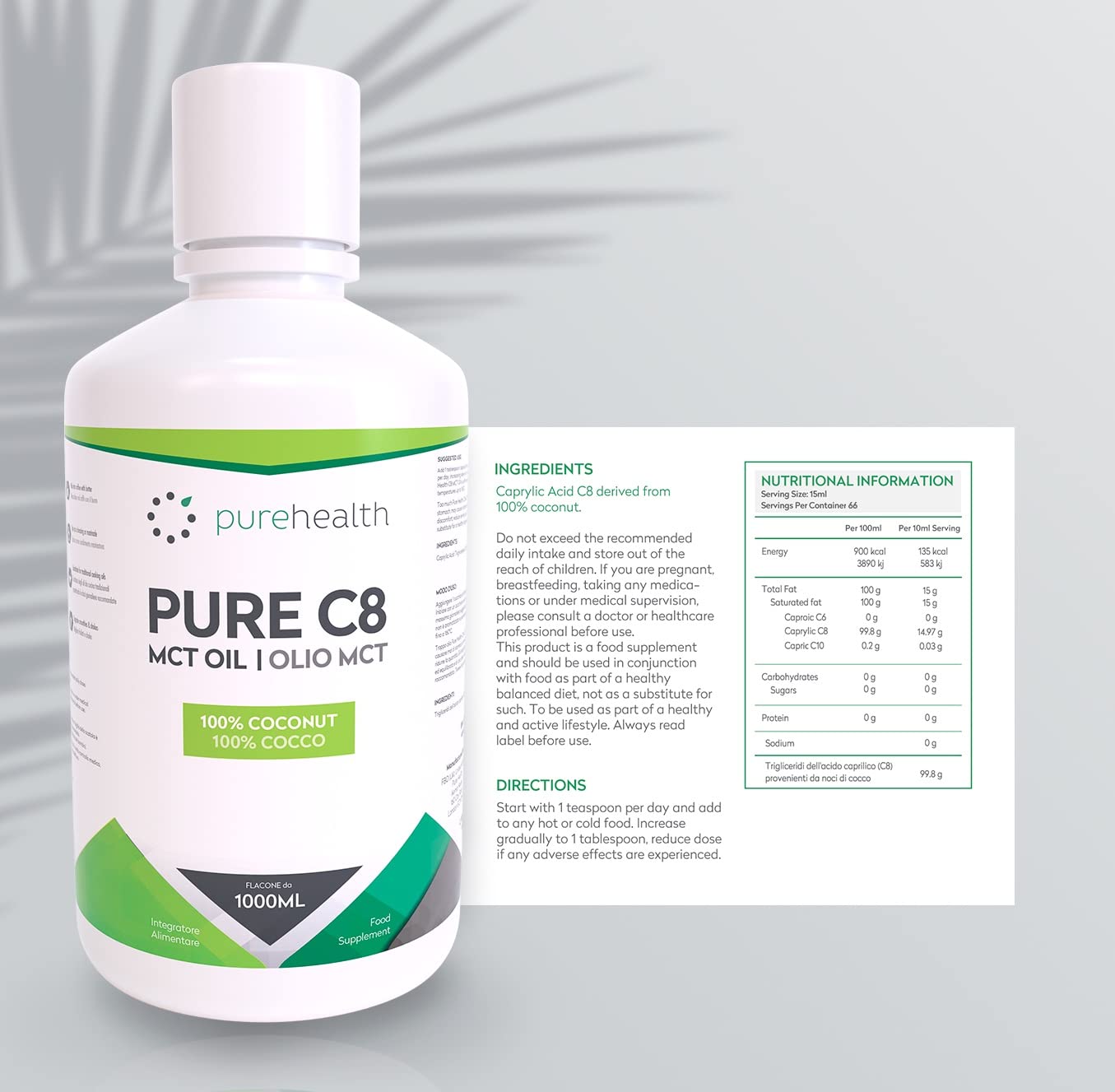 100% Aceite de coco C8 MCT | Pureza de 99% | Ácido Caprílico Puro C8 | NON_GMO | 1000ML | Paleo | Cetogénica | Vegana | Sin gluten | Sin BPA (1000ml Coco C8)