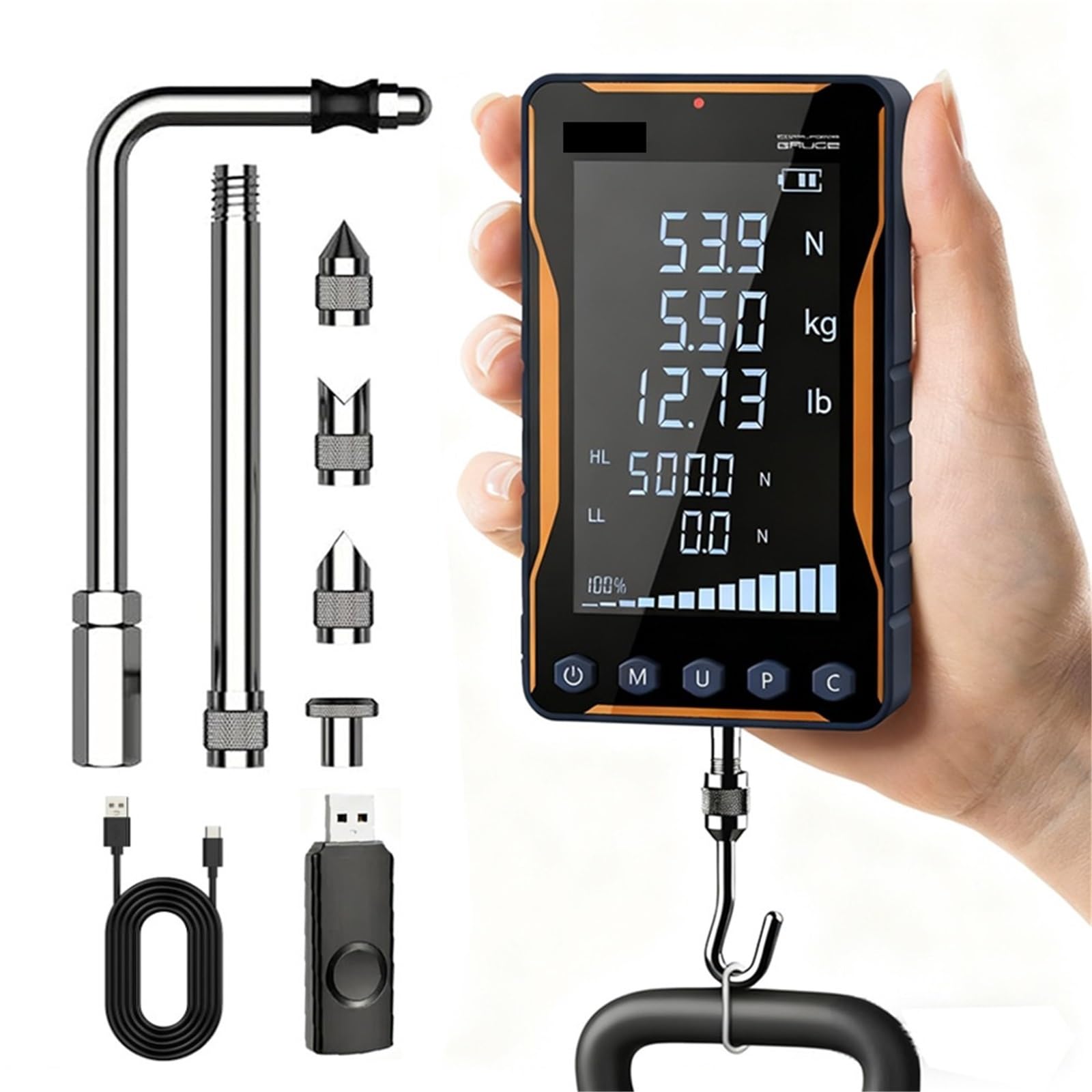 Medidor de Fuerza Digital 500N con Pantalla Extragrande y Fuente en Negrita para Pruebas de vaivén, medición de tracción del gatillo con precisión del 0,5%