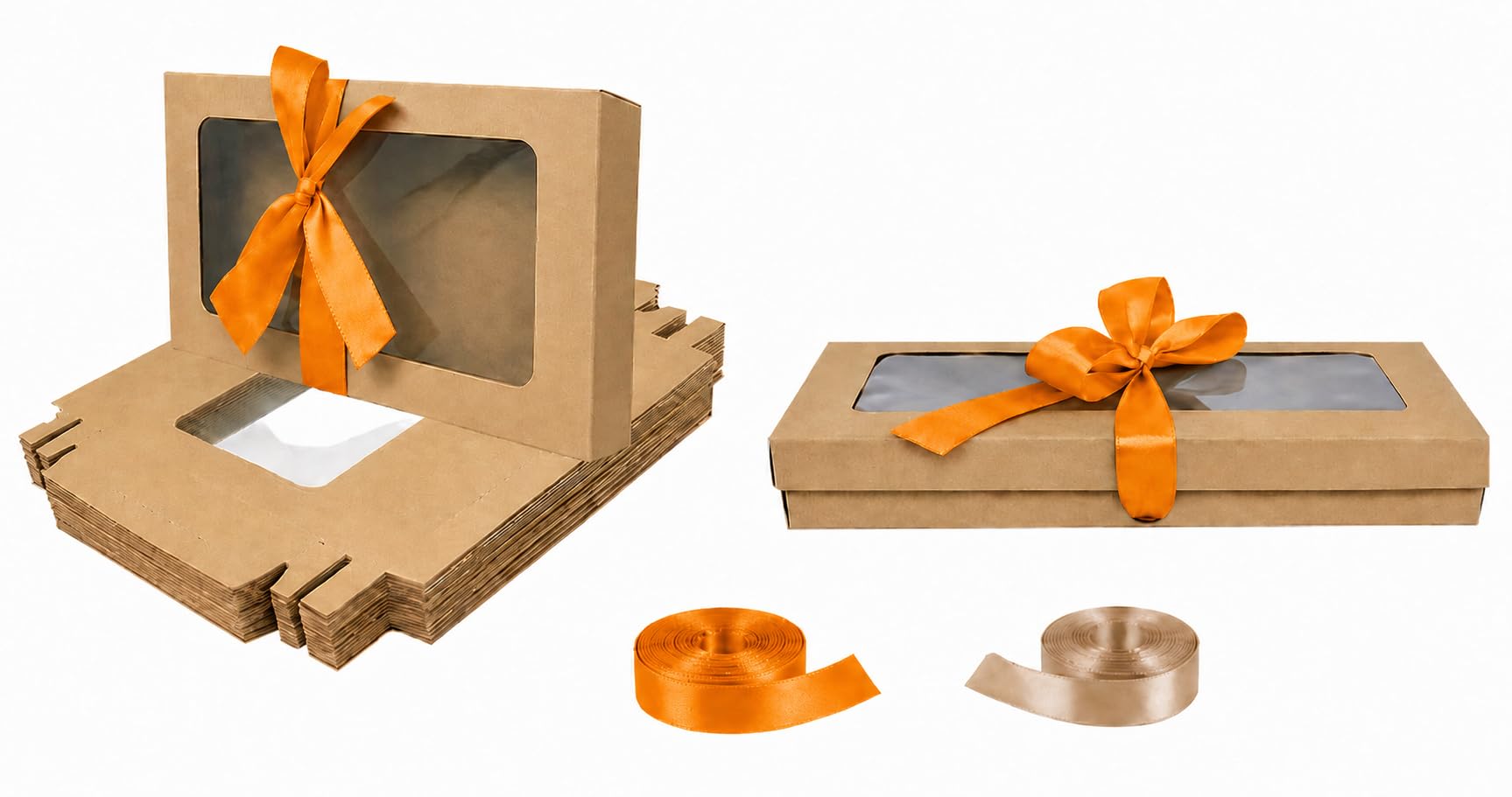 Emartbuy Pack of 12 Brown Gift Boxes with Clear Window Lid & Peach Satin Ribbon - Small Slim 21 x 12.5 x 2.5 cm - Recyclable Kraft Presentation Box for Hampers, Treats, Weddings & Favours โ image 1