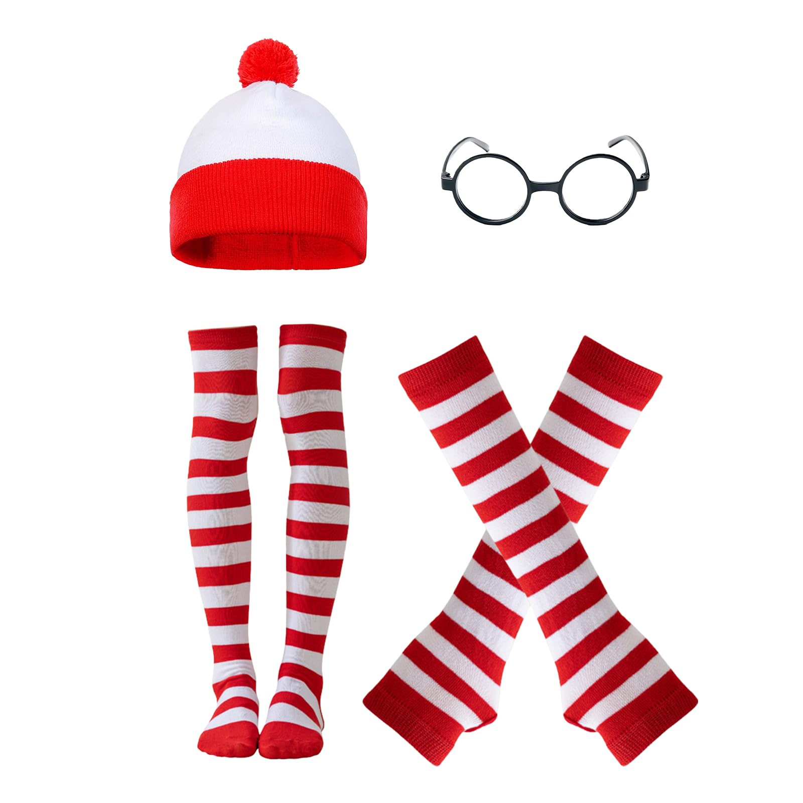 MUNSKT Wheres Wally Costume Set,Red&White Stripe Bobble Hat Socks Gloves Black Nerd Glasses,Cosplay Accessories Set,90s Fancy Dress Costume for World Book Day Halloween Christmas Dress Up Day