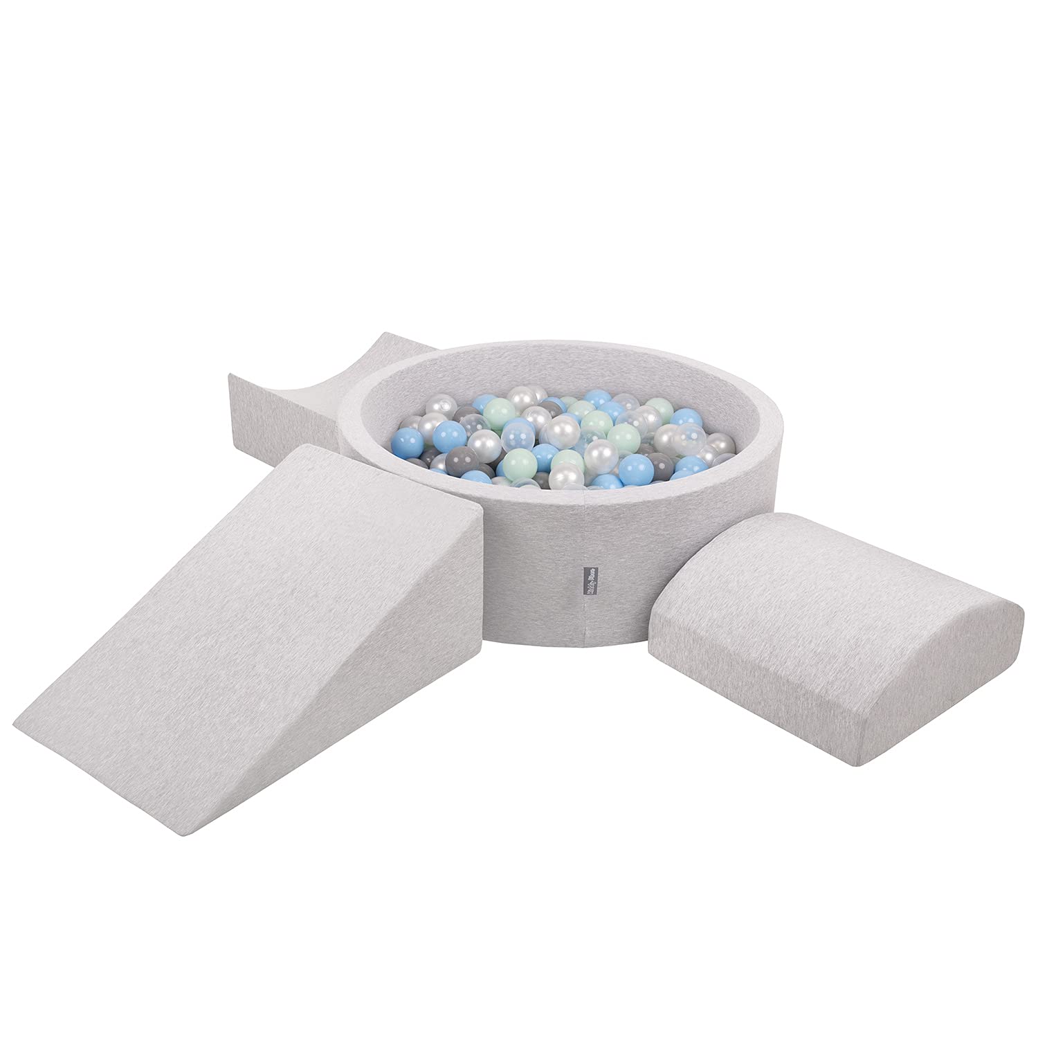 KiddyMoon Foam Playground For Kids With Round Ballpit (200 Balls) Obstacle Course, Lightgrey:Pearl/Grey/Transparent/Babyblue/Mint — image 1