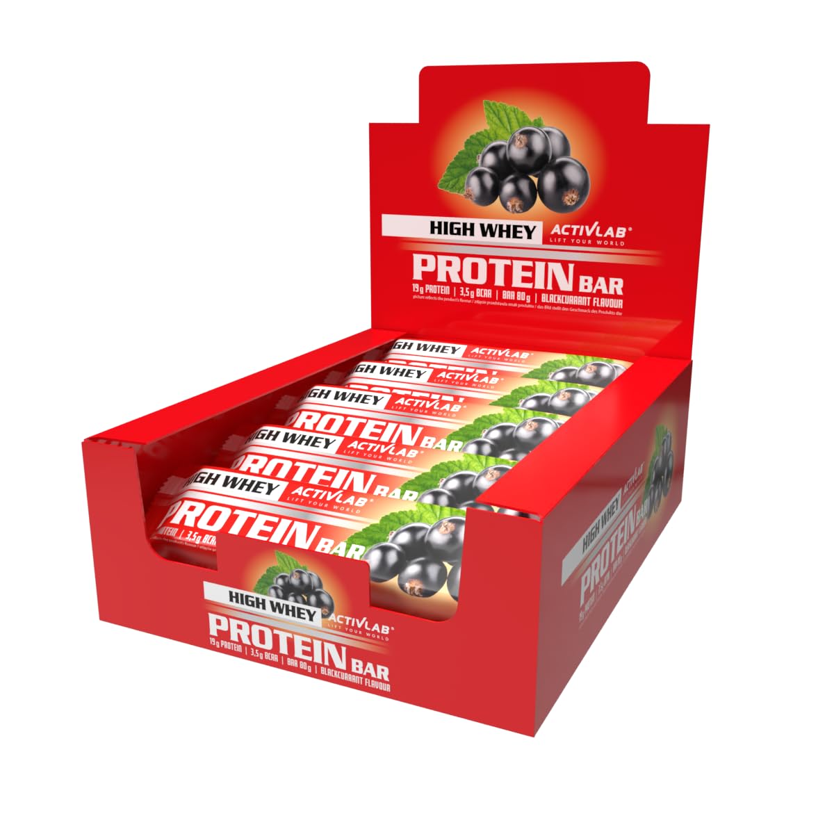 Baton proteinowy Activlab High Whey Protein 24 x 80 g – czarna porzeczka, 19,6 g białka, L-glutamina, BCAA, witaminy E, B1, B2, B6, B12, biotyna, do stosowania przed i po treningu