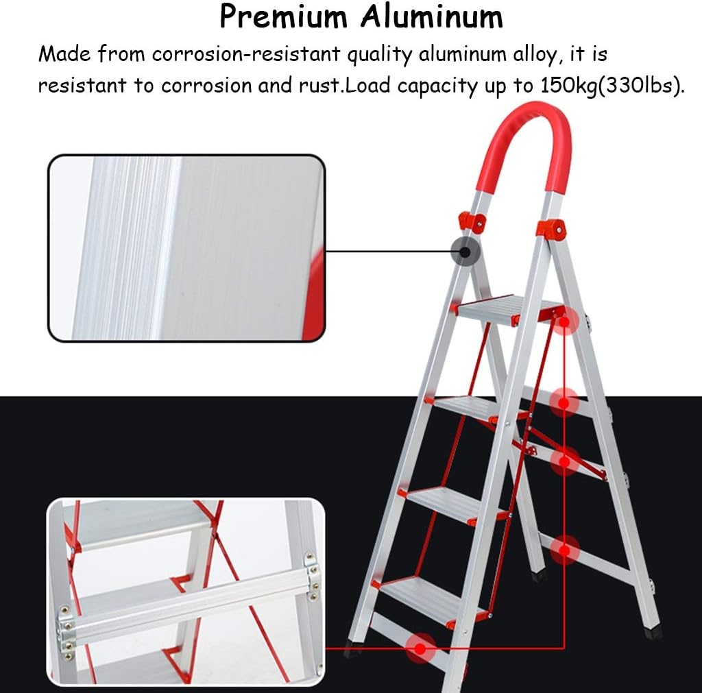 OKUOKA Ladders,3 Step Step Ladders with Handrail, Lightweight Small Folding Stepladder with Anti-Slip Sturdy and Wide Pedal, 150Kg/Silver