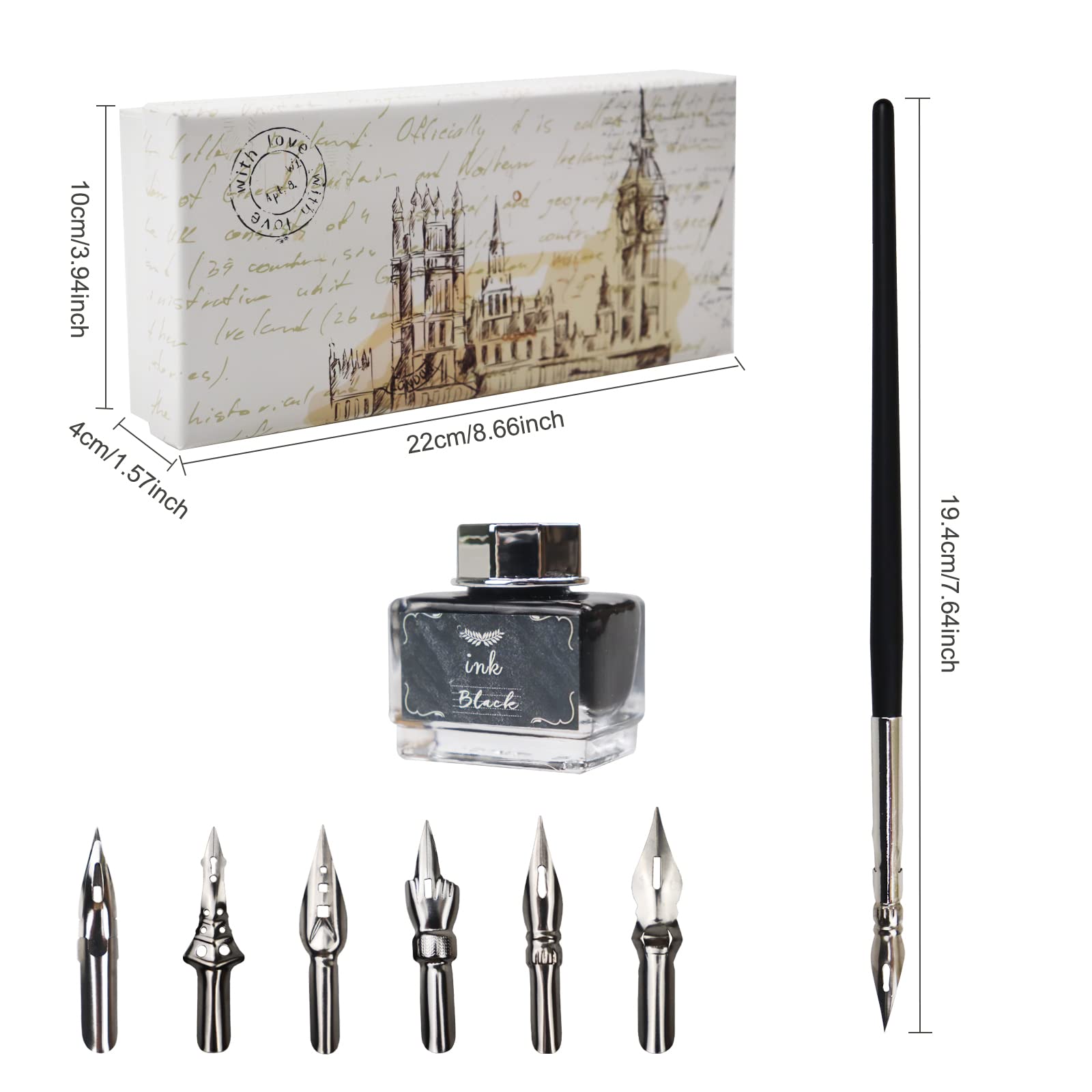 Kit Calligrafia Belle Vous - Penna Piuma, Inchiostro Nero, 5 Pennini, Per Principianti Ed Esperti