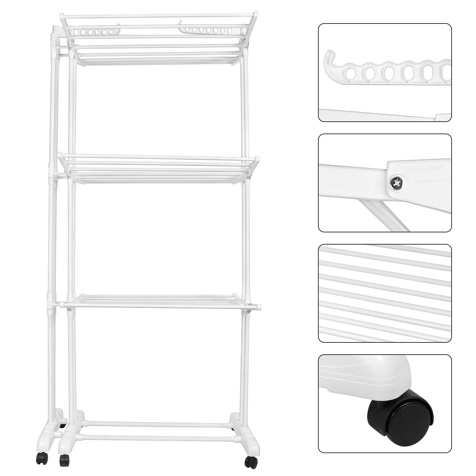 Stendibiancheria a torre, stendibiancheria estensibile e regolabile, grande capienza, con 6 ruote, freno di stazionamento a 360°, plastica e acciaio inossidabile, (bianco)