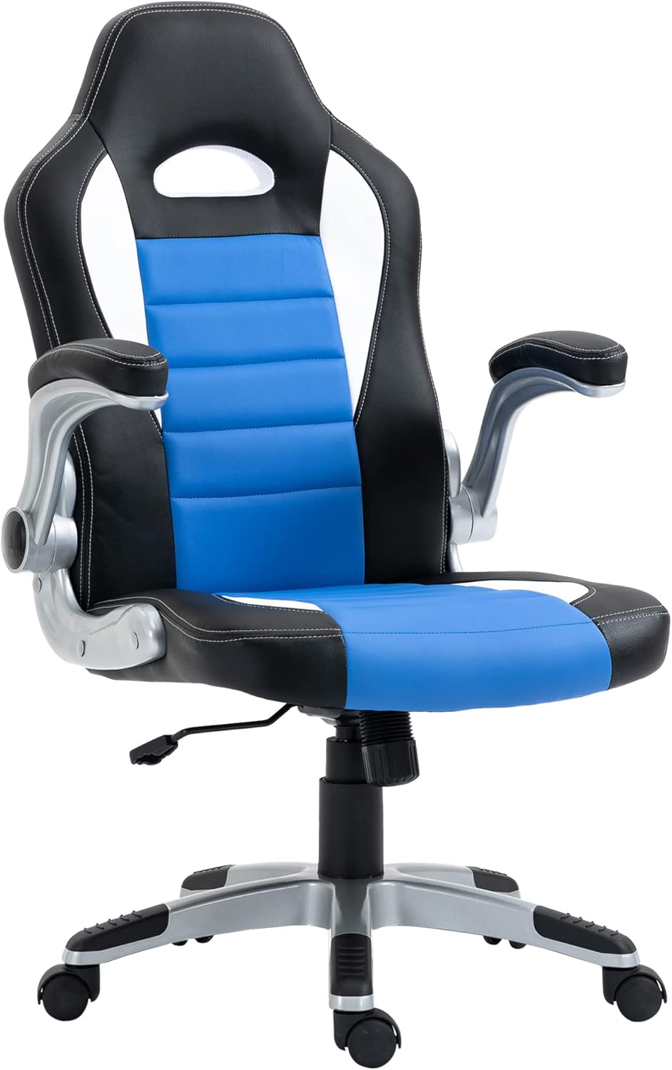 Vinsetto Computer Gaming Chair, Office Desk Swivel Chair, PU Leather Racing Chair with 90° Flip-up Armrest, Adjustable Height and Rolling Wheels, Blue