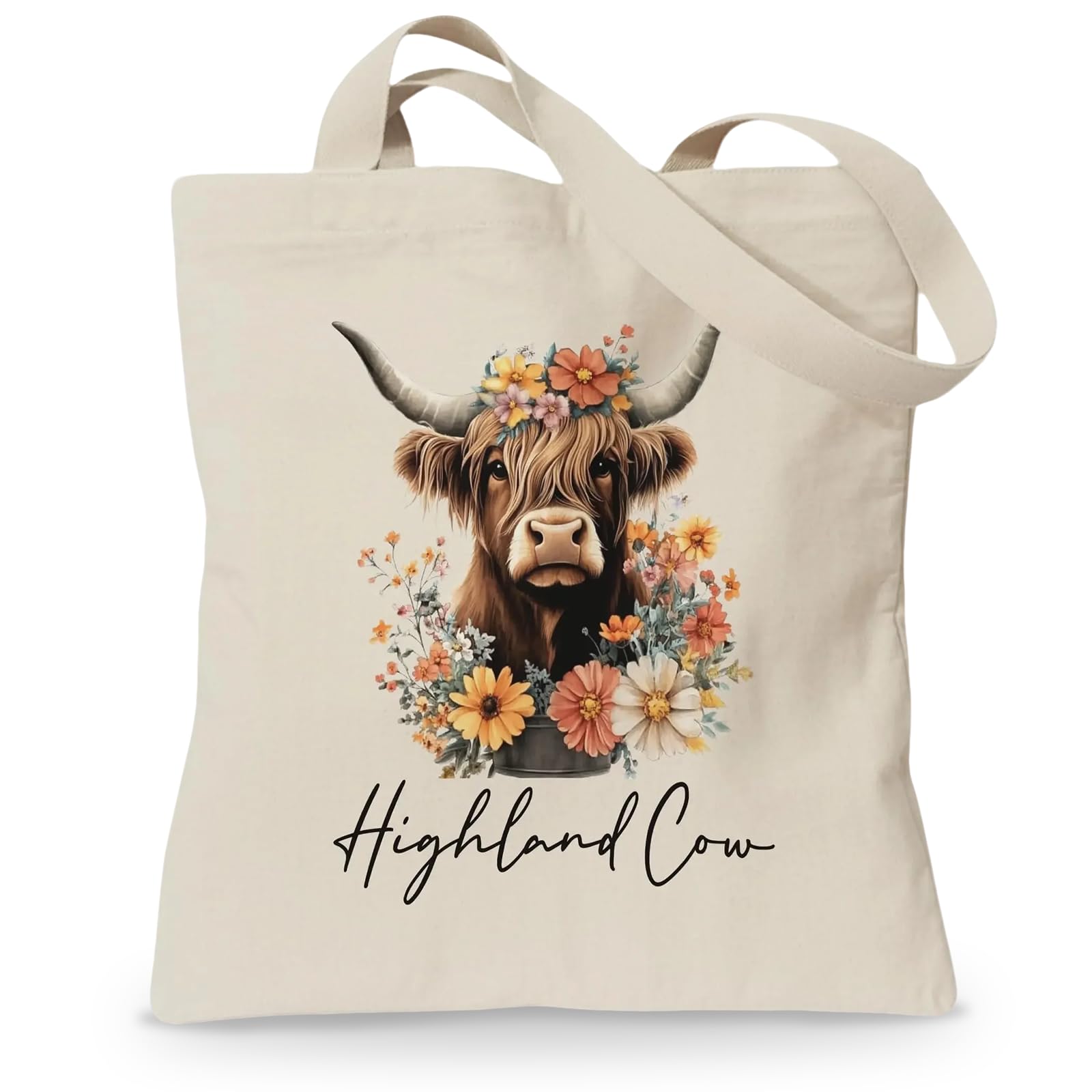 Cunegra Highland Cow Bag, Double-Sided Printed Canvas Tote Bag, Durable Reusable Shopping Bags for School, Work, Travel, Shopping, Highland Cow Gifts for Women