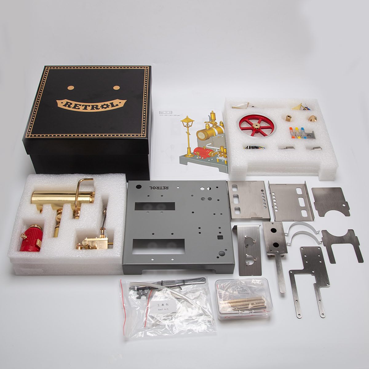 Retrol SE-02 Metall-Modellbausatz Für Eine Umkehrbare Horizontale Stationäre Dampfmaschine Und Einen Kessel Mit Generator Und Straßenlaterne (100 Teile)