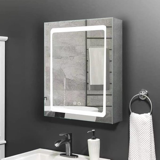 Janboe Lighting LED Mirror Cabinet for Bathroom Stainless Steel Wall Mounted Medicine Cabinet with Touch Switch Dimmable with Memory Function Defogger 20" x 28"