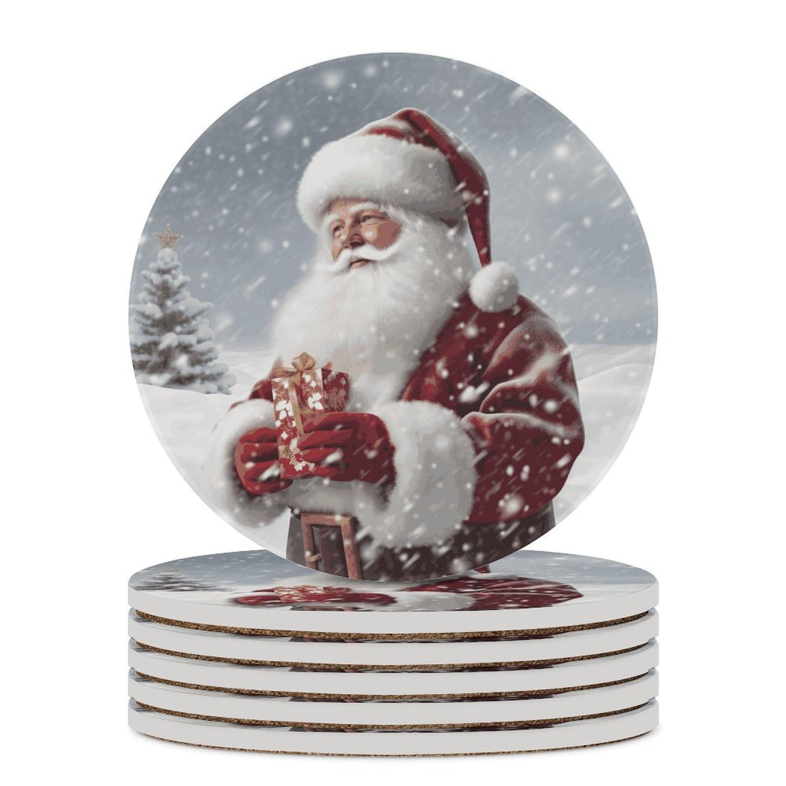 Khauerbc Style Santa Claus Snow Secenry Drink Coasters With Holder For Coffee Table,Ceramic Coaster With Cork Base,Ceramic Stone Coaster For Iced Cold Or Hot Drinks,4.1 Inches